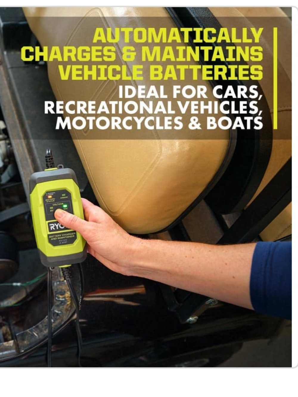 RYOBI 6V/12V 2 Amp Battery Charger & Maintainer - Yellow/Black - Picture 8 of 10